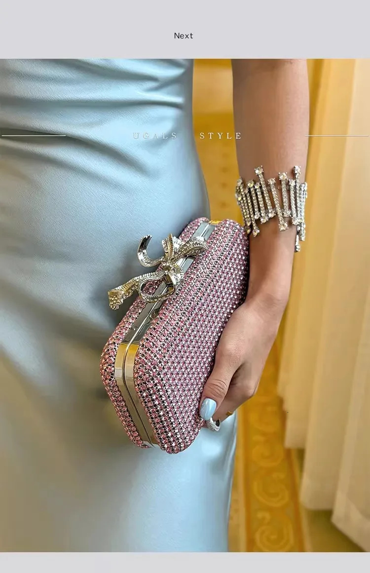 Glitter Metallic Bow Knot Evening Bag Wedding Party Exquisite Clutch Purse Women Handbag Crystal Rhinestones Diamond Banquet Bag 260424