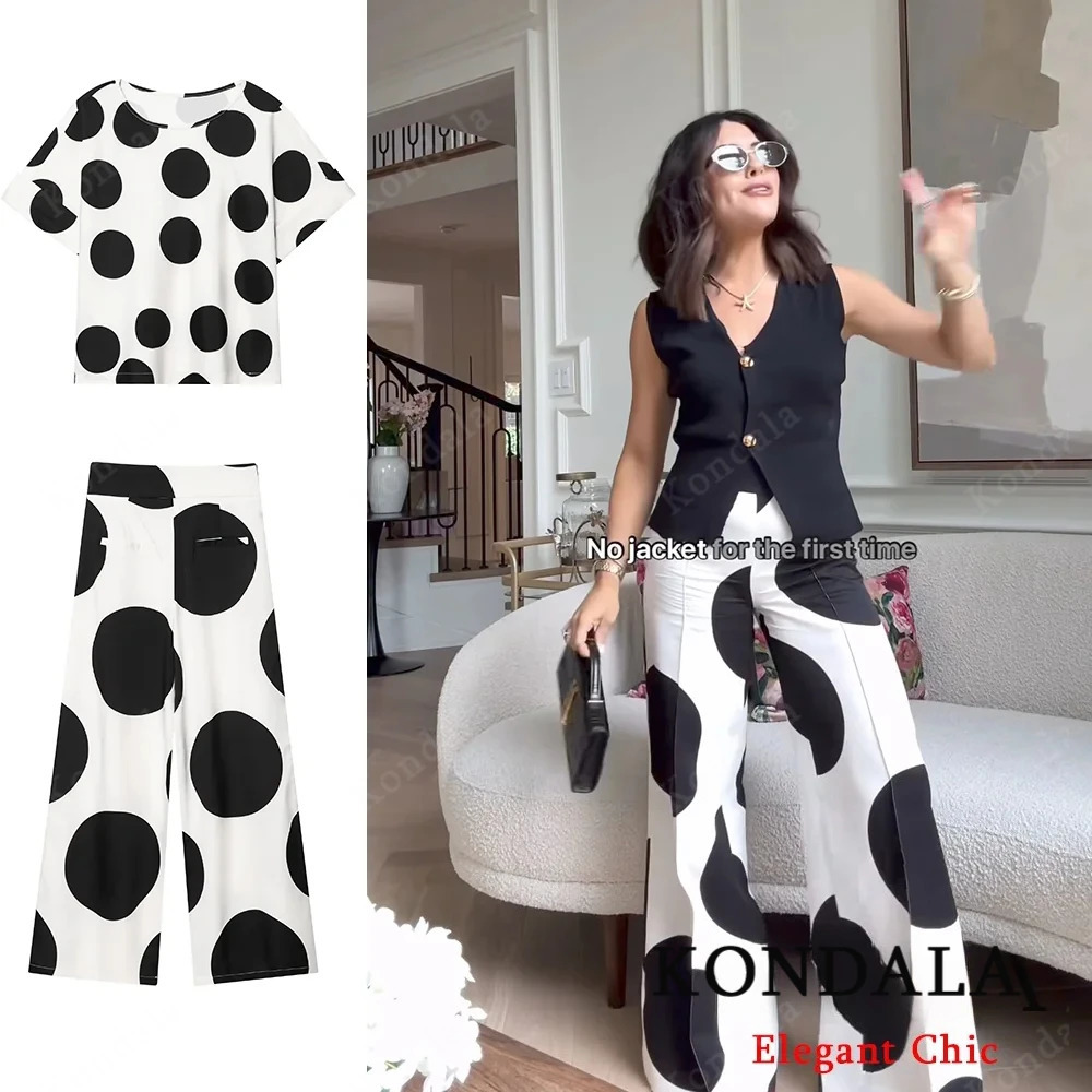 KONDALA Casual Polka Dot Pants Set Women Short Sleeve O-Neck Top Long Pants 2025 Fashion Spring Summer Holiday Leisure Mujer Set 260423