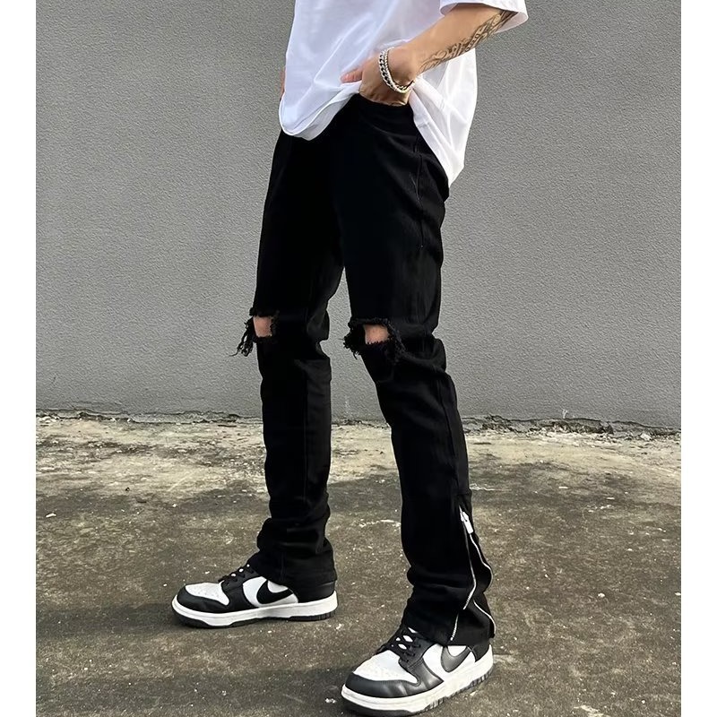 Men's American Streetwear Vibe Black Jeans, Zipper Split & Distressed Design, Ins Trendy Brand Straight-Leg Slightly Flared Pants