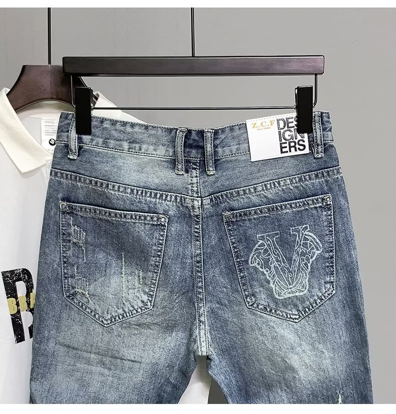 Men's Trendy Brand Distressed Denim Shorts, Splatter Graffiti Print, Slim Straight-Leg Korean Style, Heavyweight Washed Knee-Length Shorts
