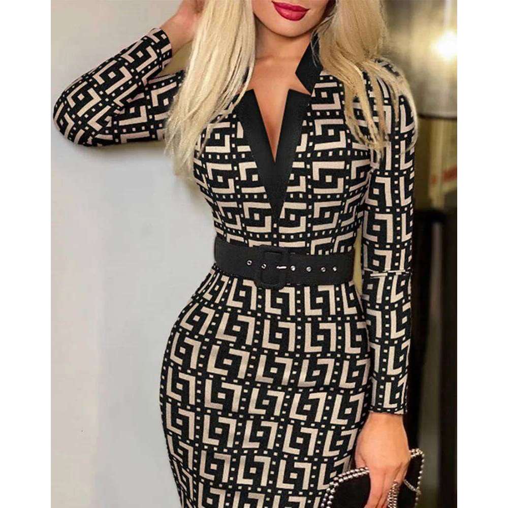 Luxury Print V Neck Dress, Elegant Short Sleeve Belted Midi Dress, Spring Summer Casual Party Dresses, Fashion Women Clothing MAKOUFEI