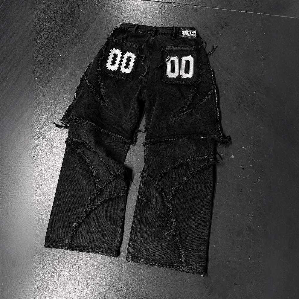 Luxury Brand Designer Mens Retro Patchwork Wide Leg Jeans Embroidered Frayed Streetwear Casual Daily Wear Chic Stylish Modern Trendy Fashionable Cool