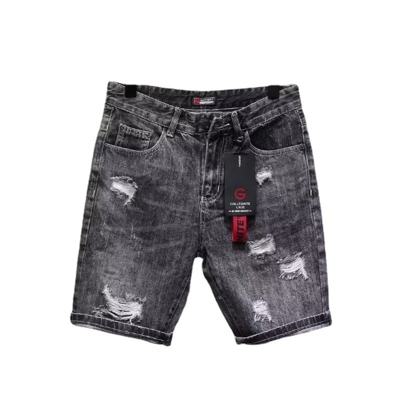 2026 Trending Men's Ash Gray Denim Shorts, Trendy Brand Embroidered Viral Style, Summer Korean-Inspired Knee-Length Shorts for Young Adults