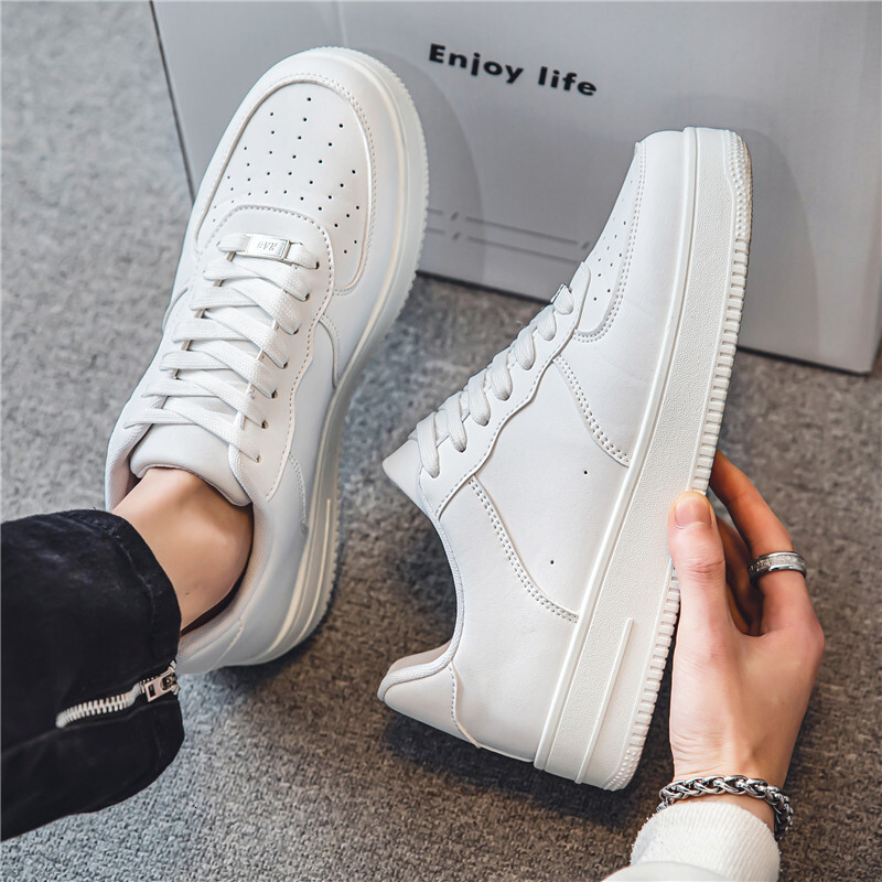 Men Classic All White Platform Sneakers, Lace-up Thick Sole Casual Leather Skate Shoes