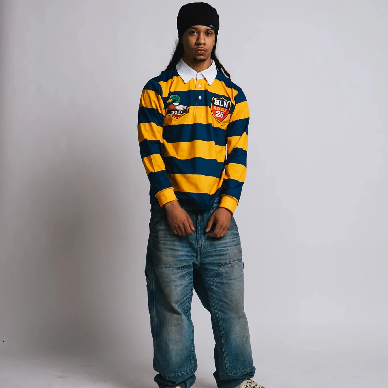 Y2K Golden League Rugby Polo Shirt Retro Duck Embroidery Yellow Blue Striped Long Sleeved Shirt Oversized Unisex Streetwear Tops 260423