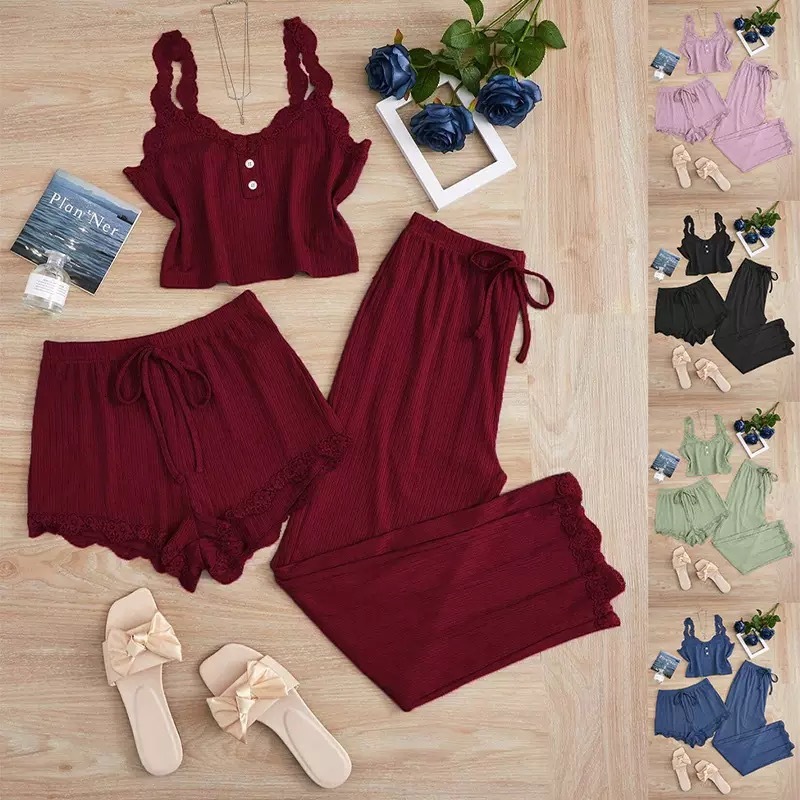 Luxury Brand Designer Womens Lace Trim Ribbed 3-Piece Pajama Set Cami Top Shorts Pants Casual Loungewear Daily Wear Chic Stylish Modern Trendy Fashion