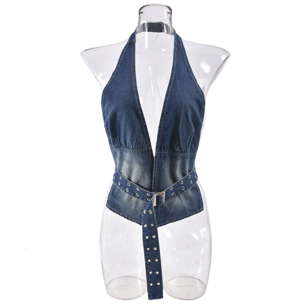Womens Clothing 2026 Summer New Product Hot Girl Style Washed Denim Sexy Slim Fit Top with Adjustable Straps for Women 250714