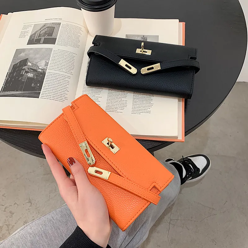 Women's Fashionable Long Wallet Crossbody Bag Grained Leather with Gold Hardware Versatile Clutch that Holds a Phone and Cards