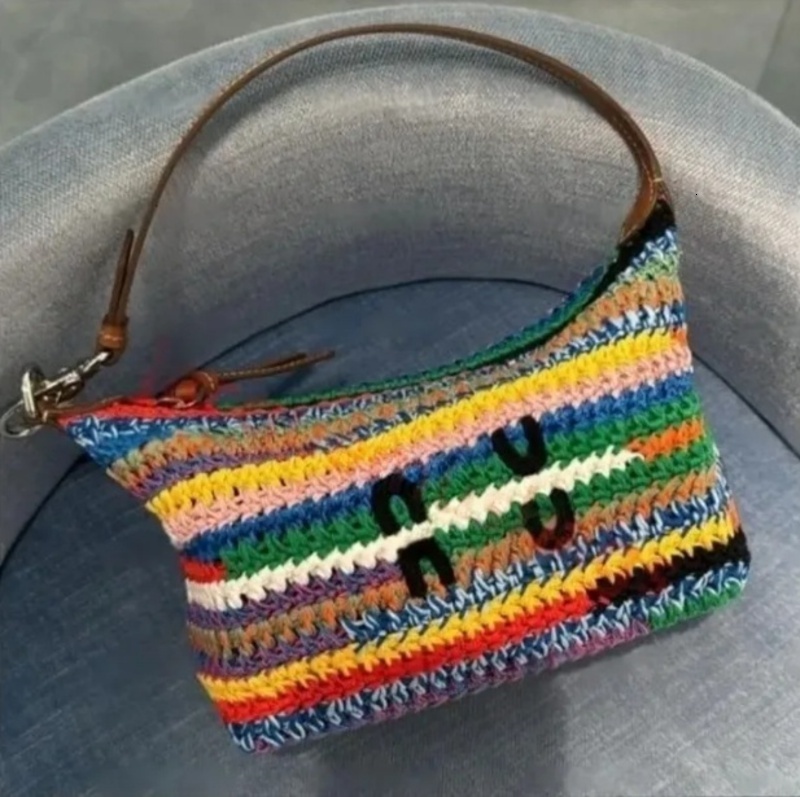 Designer Rainbow Crochet Tote Crossbody Weave Hobo Bag Summer School Handbag Shoulder Beach Travel Handbags b1