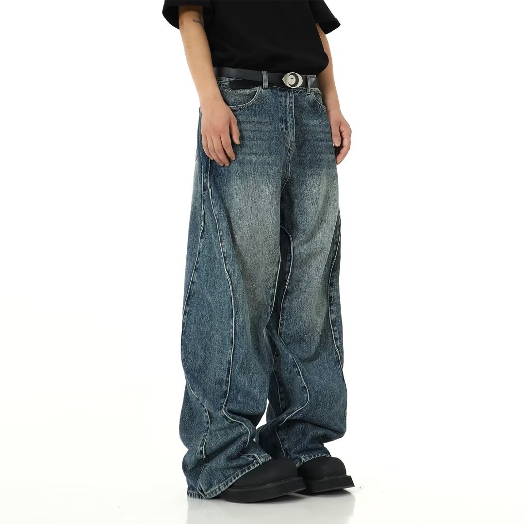 2026 Trending Men's Washed Blue Wide-Leg Loose Jeans, Niche Curved Design & Paneled, Streetwear Brand, Cross-Border Hot Pick