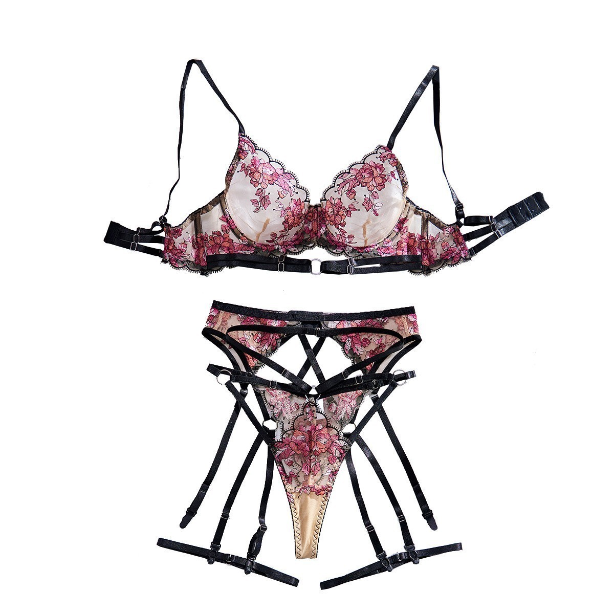 Fashionable seethrough floral embroidered eyelash lace sexy intricate bandage shapewear fourpiece set 211229
