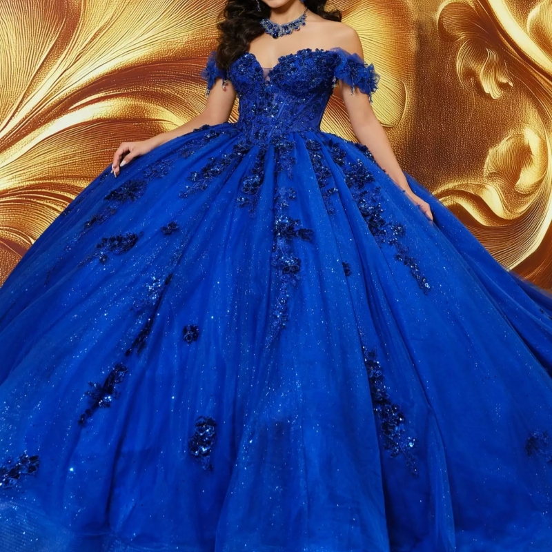 Royal Blue Quinceanera Dresses Off The Shoulder Applique Lace Beads Bow Tull Party Birthday Sweet 16 Vestidos 15 Anos