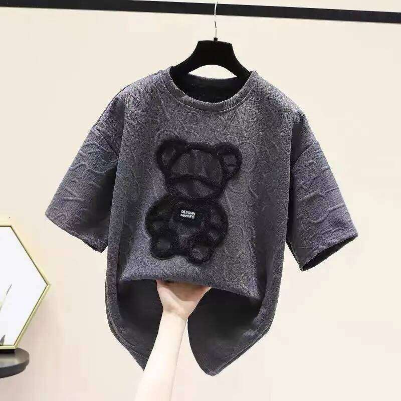 Luxury Letter Jacquard Bear White Tees, Harajuku O Neck Short Sleeve Tops, Plus Size Loose Summer Casual Shirts for Women MAKOUFEI