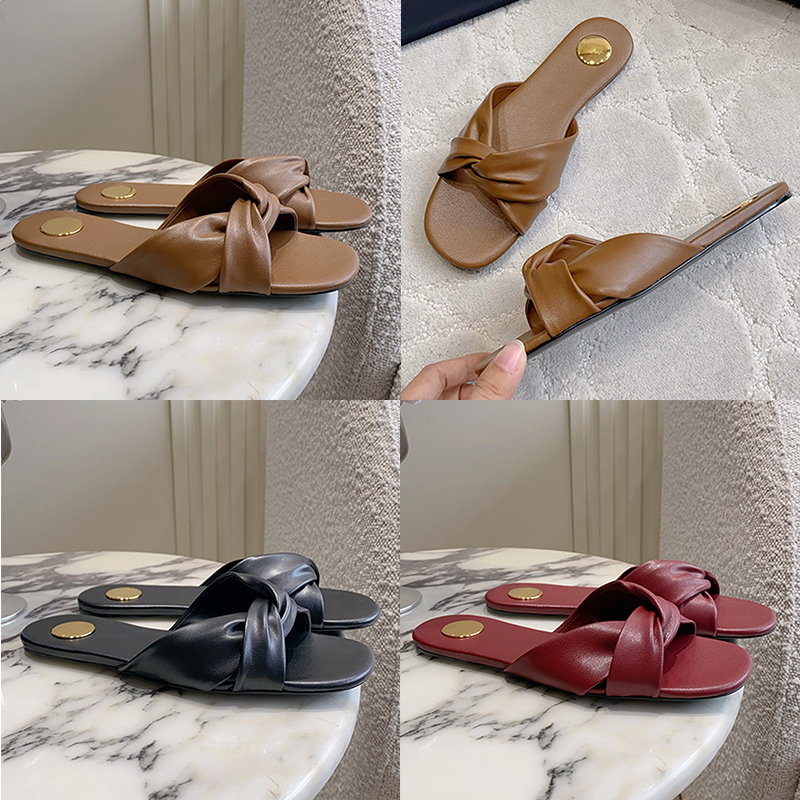 Womens FRANCIANE Mules In Smooth Leather Designer Ladies Twisted Leather Sandals 863363 Fashion Luxury Casual Open Toe Mules with Brand Logo Leather Sole Size 35 42