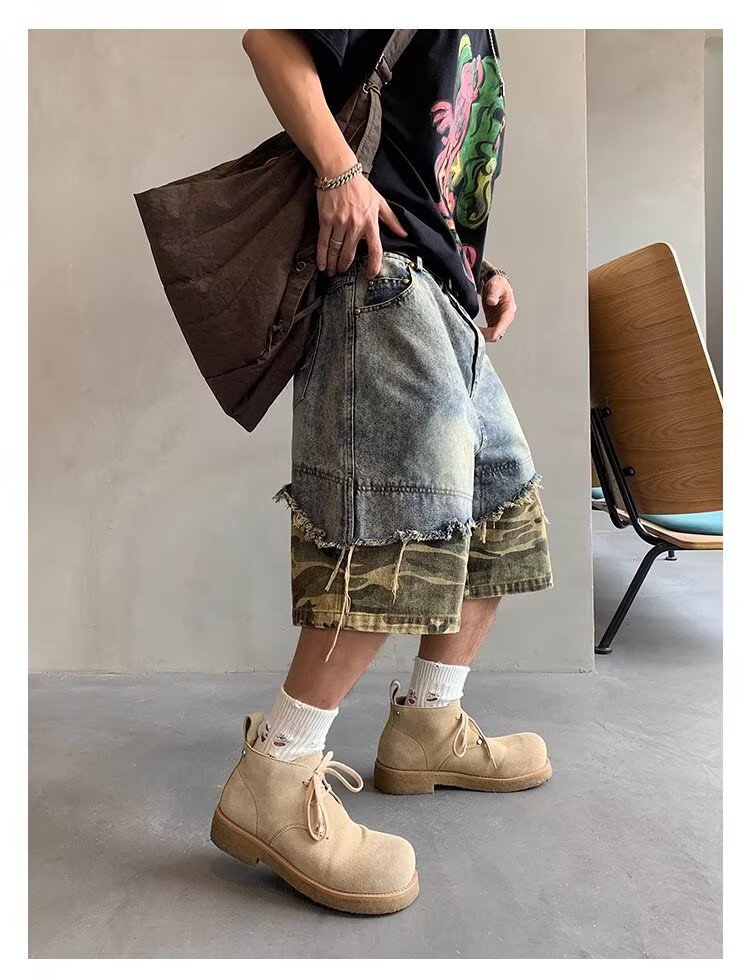 2026 New Men's Trendy Brand Slim Fit Camo Denim Shorts, Summer Casual Knee-Length 5-Inch Shorts