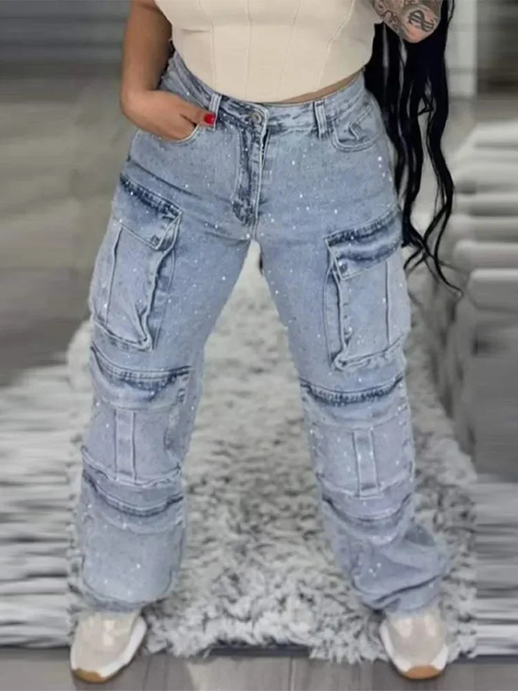 Womens High Waist Cargo Denim Jeans with Full Rhinestones Sparkling Casual Baggy Pants Streetwear Chic Daily Trousers 260423