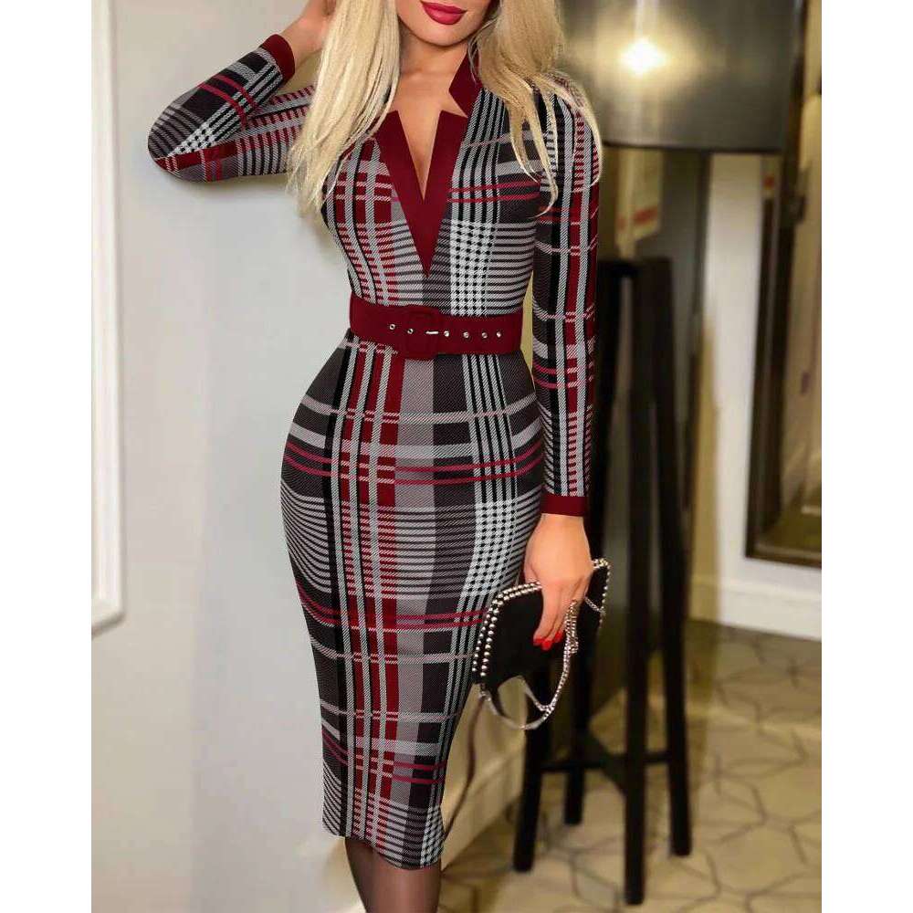 High End Geometric Pattern Midi Dress, MAKOUFEI Women Long Sleeve V Neck Knit Pencil Dress, Belted Bodycon, Elegant All Season Lady Wear MAKOUFEI