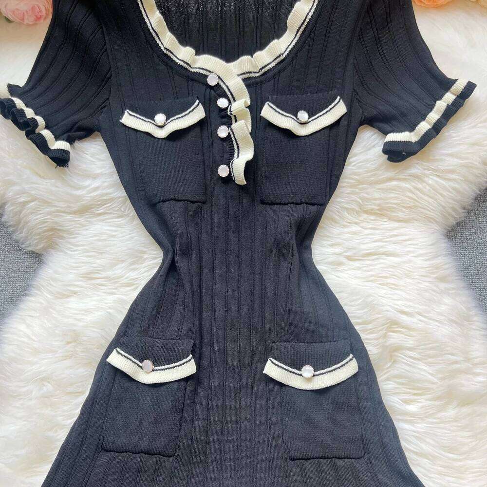 Luxury Black Ruffled Knitted Dress, Sexy Hip Wrapped Mini Dress, Elegant Summer New, Chic Streetwear Bodycon Party Dress for WomenV MAKOUFEI