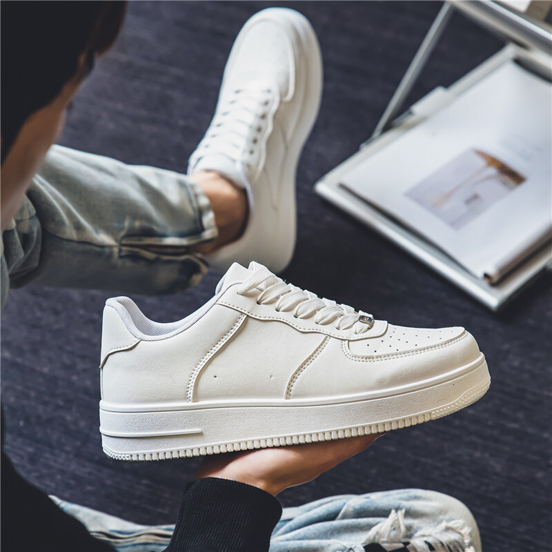 Men Classic All White Platform Sneakers, Lace-up Thick Sole Casual Leather Skate Shoes
