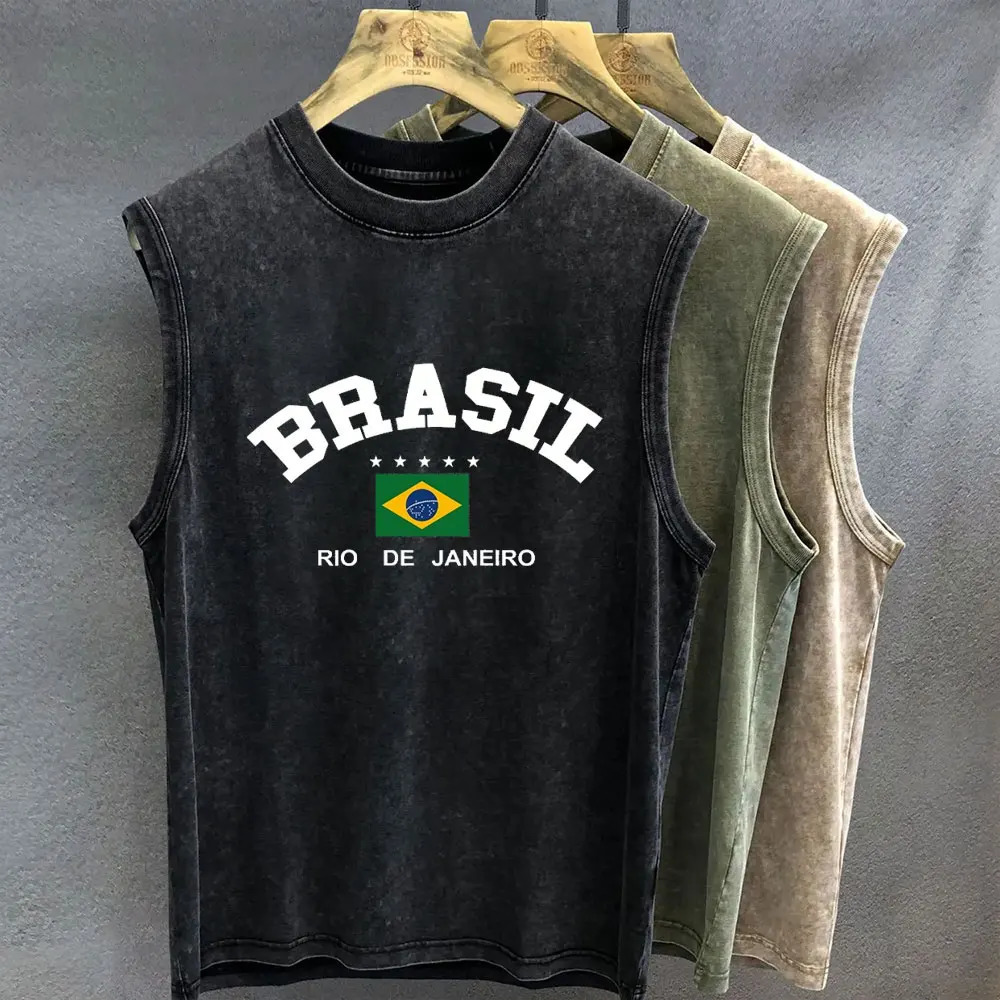 Oversized T Shirt for Men Vintage Wash Brazilian Graphic Print Tank Top Sleeveless Vest Woman Gym Y2k Clothes Streetwear Summer 260423