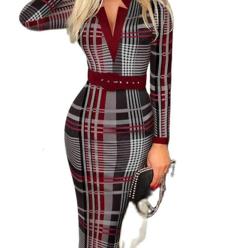 High End Geometric Pattern Midi Dress, MAKOUFEI Women Long Sleeve V Neck Knit Pencil Dress, Belted Bodycon, Elegant All Season Lady Wear MAKOUFEI