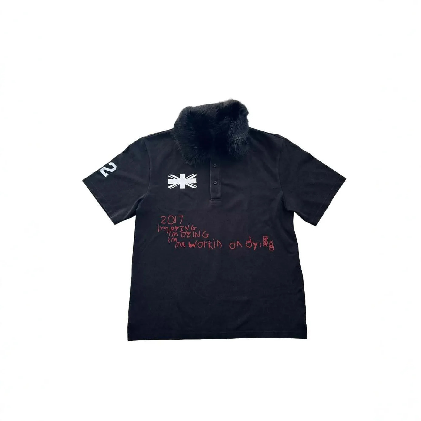 Vintage Washed Splicing with Fur Collar n Black Minimalism Cool Polo Shirts Comfortable Versatile Basic Daily Short-Sleeves 260423