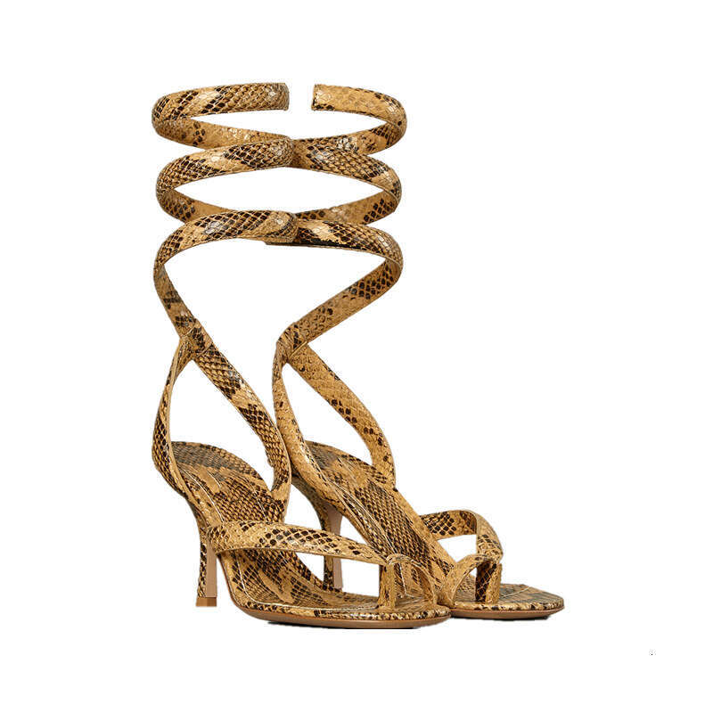 Women 2026 European And American Cross Border New Summer Printed Snake Pattern Elastic Loop Thin Mid Heel Clip Toe Large Size Women S Sandals