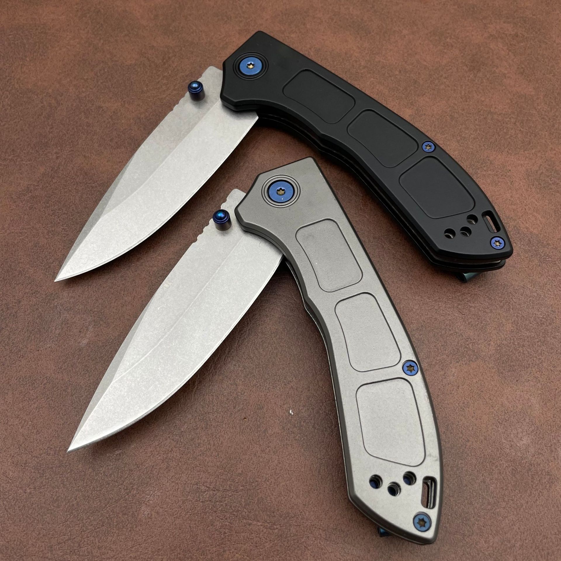Tactical BM 748 Narrows Folding Knife 3.43" M390 Satin Blue Accents Outdoor EDC Tool Drop Point Blade Gray Titanium Handles