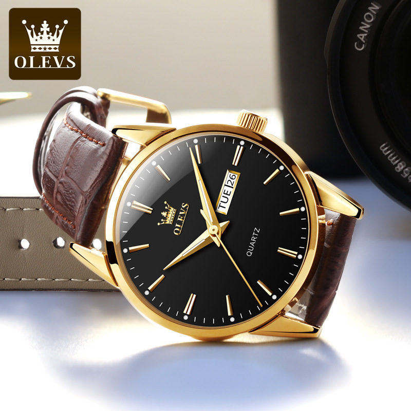 OLEVS Fashion Business Original Mens Watch Leather Strap Trend Weekly Calendar Quartz Watch Luminous Waterproof 4m Dial 240924