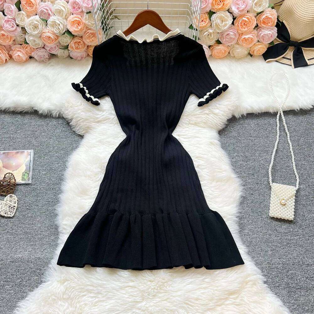 Luxury Black Ruffled Knitted Dress, Sexy Hip Wrapped Mini Dress, Elegant Summer New, Chic Streetwear Bodycon Party Dress for WomenV MAKOUFEI