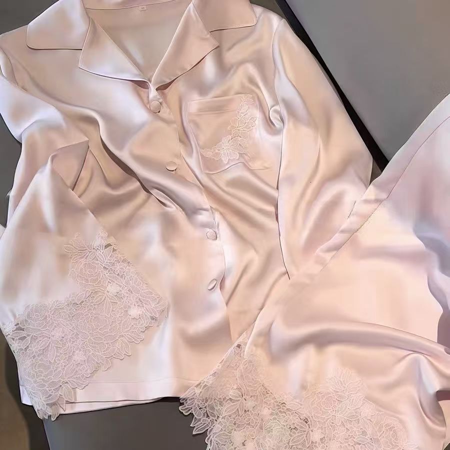 Luxury Brand Designer Spring Summer Women Satin Sleepwear Set Long Sleeve Lace Trimmed Pajama with Long Pants Sweet and Elegant Homewear for Girls