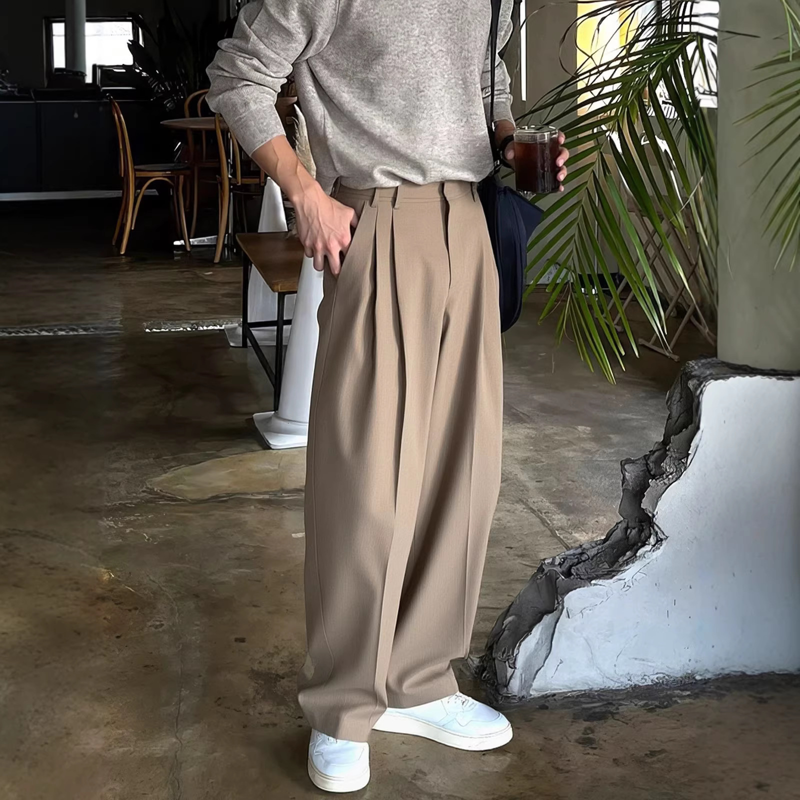 Luxury Brand Designer Mens Old Money Style High Waist Wide Leg Suit Pants Paris Buckle Wrinkle-Free Casual Trousers Daily Wear Chic Stylish Modern Tre