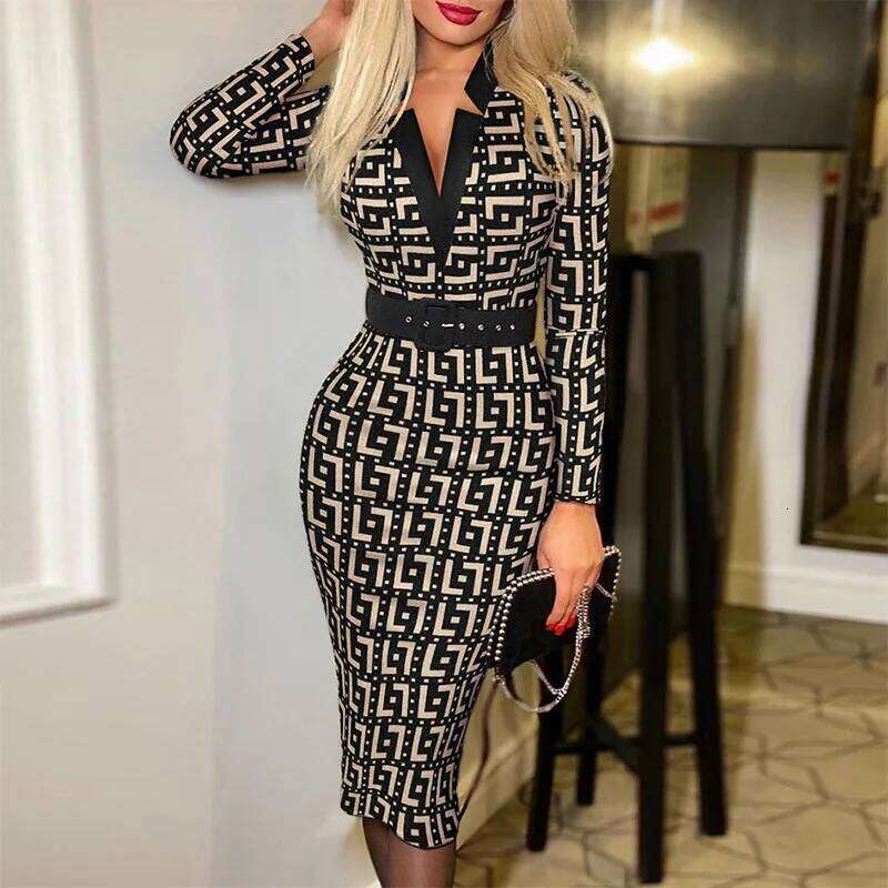 Luxury Print V Neck Dress, Elegant Short Sleeve Belted Midi Dress, Spring Summer Casual Party Dresses, Fashion Women Clothing MAKOUFEI