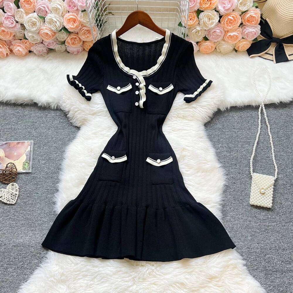 Luxury Black Ruffled Knitted Dress, Sexy Hip Wrapped Mini Dress, Elegant Summer New, Chic Streetwear Bodycon Party Dress for WomenV MAKOUFEI
