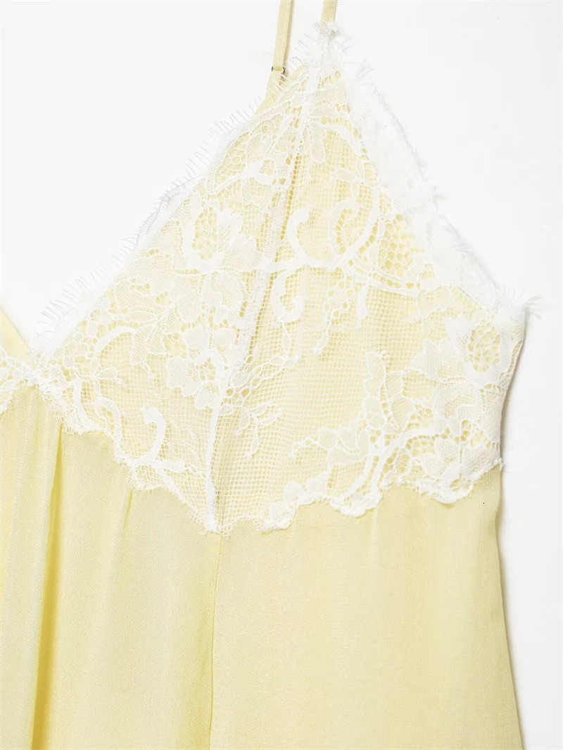 Womens Dress 2026 Fashion Spring Summer Yellow Lace Patchwork Short Dress for Women Sexy Chic Spaghetti Strap Dress 260424 - view 6