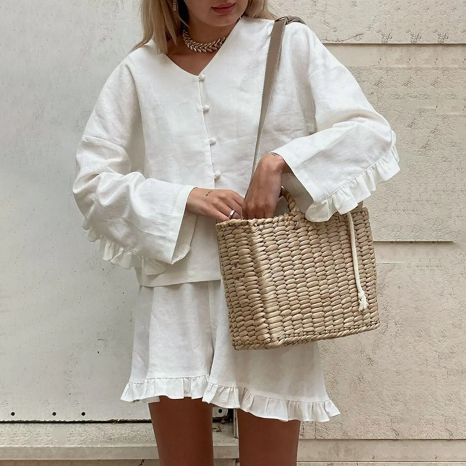 hirigin Linen Shorts Outfits Women 2 Piece Set Tie Front Long Sleeve Shirt and Ruffle Shorts Lounge Matching Set Tracksuit 260423