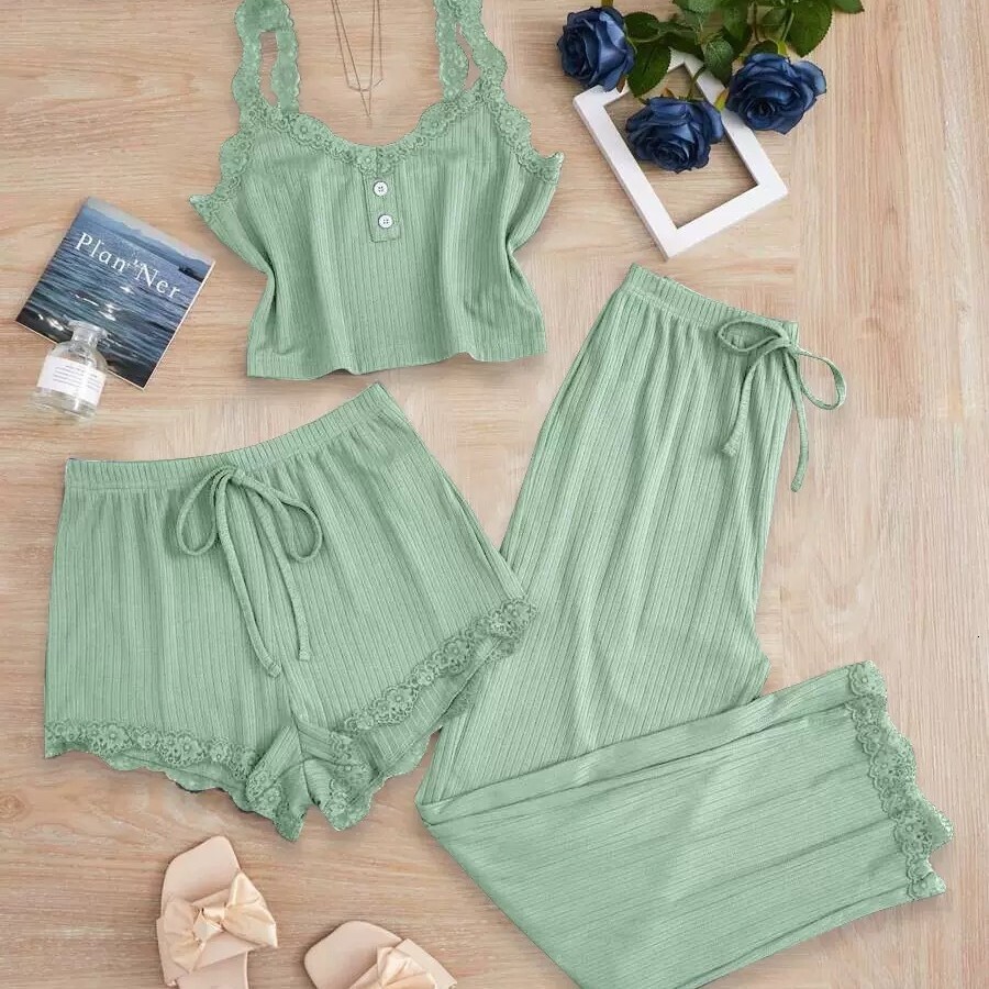 Luxury Brand Designer Womens Lace Trim Ribbed 3-Piece Pajama Set Cami Top Shorts Pants Casual Loungewear Daily Wear Chic Stylish Modern Trendy Fashion