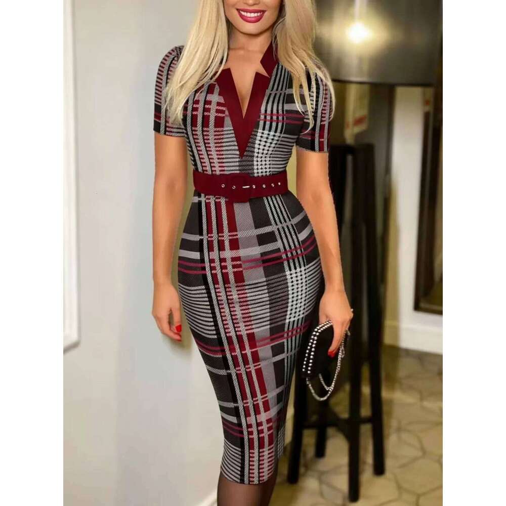 High End Geometric Pattern Midi Dress, MAKOUFEI Women Long Sleeve V Neck Knit Pencil Dress, Belted Bodycon, Elegant All Season Lady Wear MAKOUFEI
