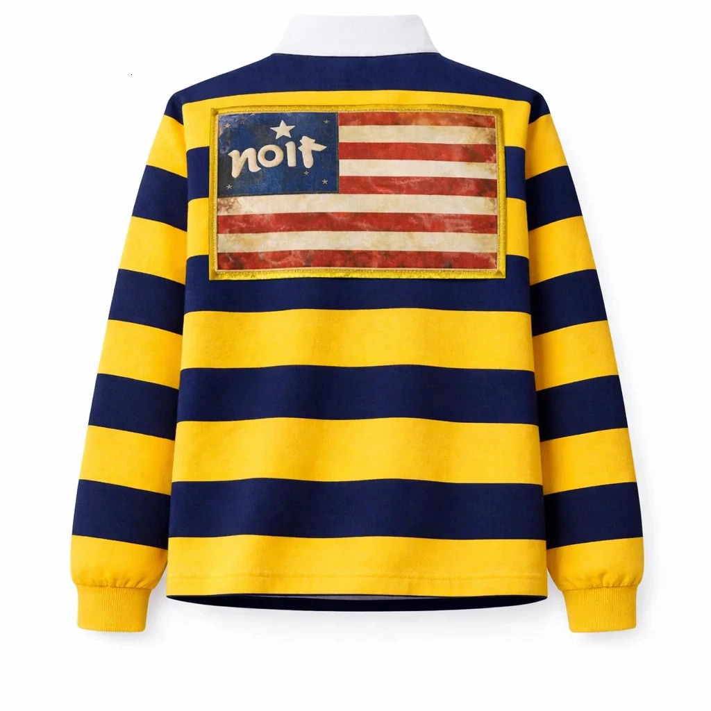 Y2K Golden League Rugby Polo Shirt Retro Duck Embroidery Yellow Blue Striped Long Sleeved Shirt Oversized Unisex Streetwear Tops 260423