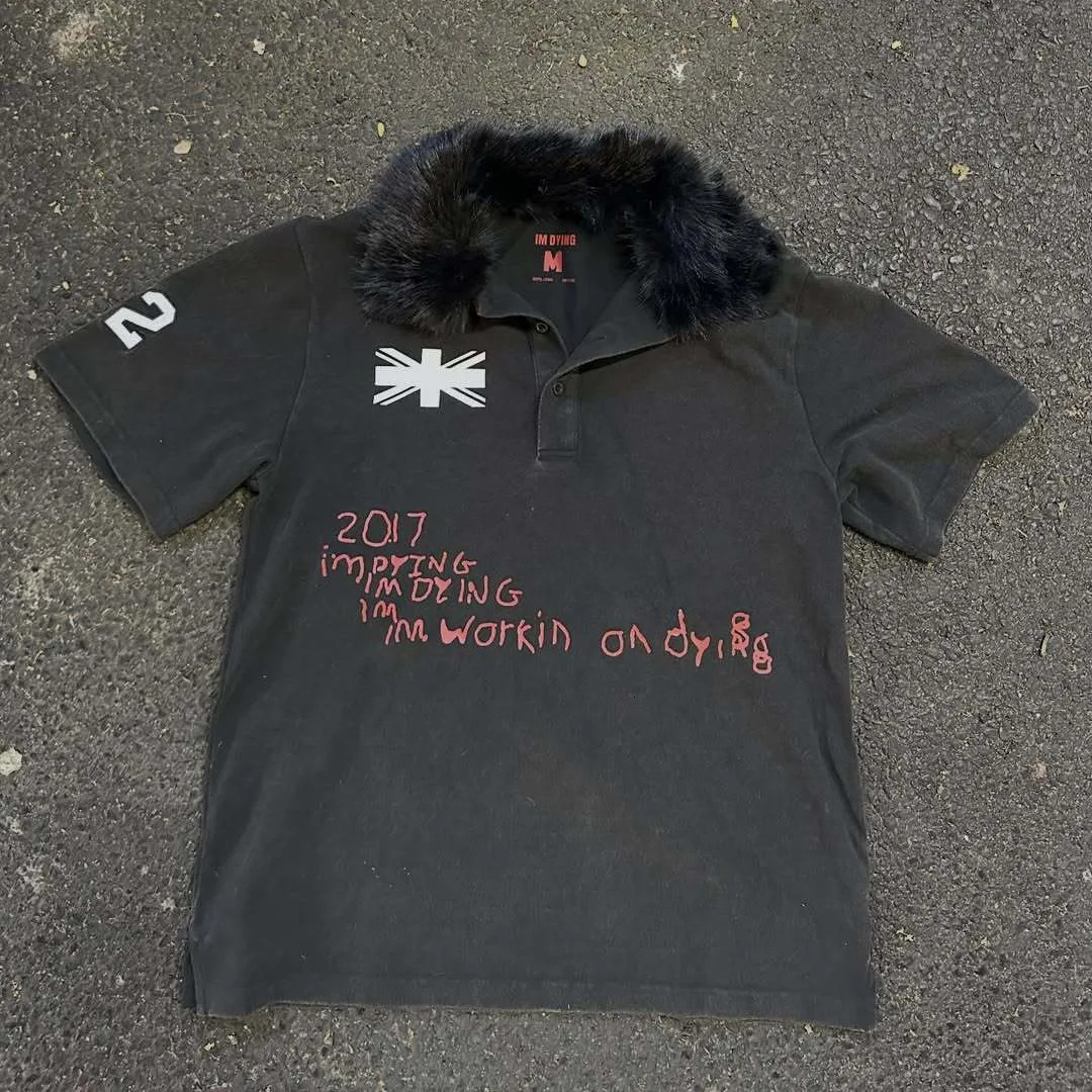Vintage Washed Splicing with Fur Collar n Black Minimalism Cool Polo Shirts Comfortable Versatile Basic Daily Short-Sleeves 260423