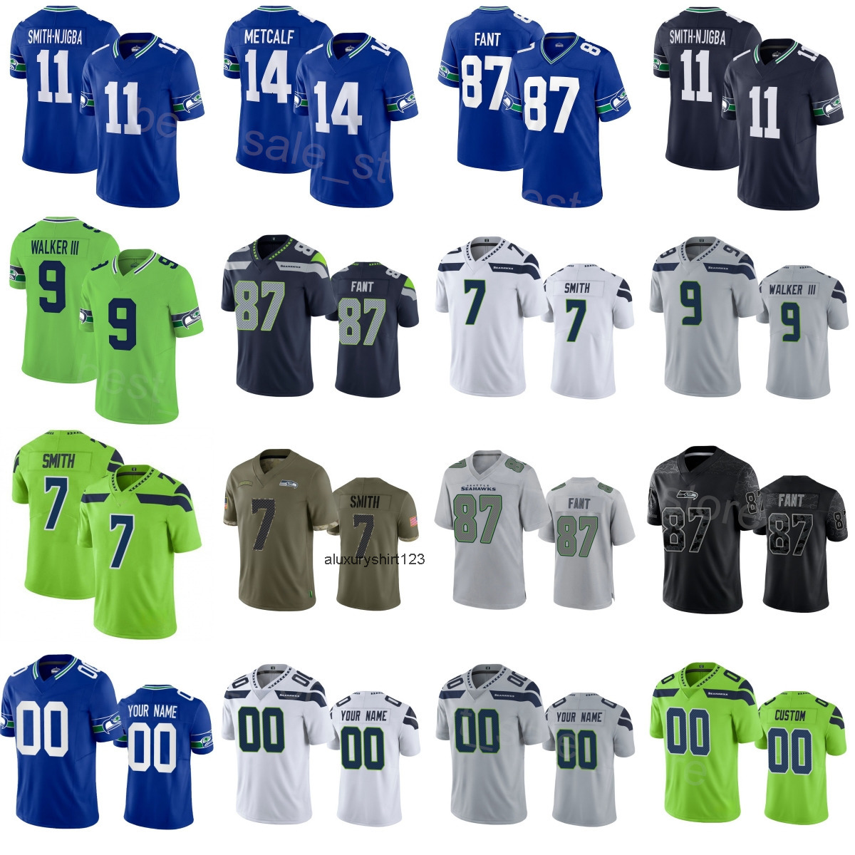 Custom Seattle Football Jersey 7 Geno Smith 9 Kenneth Walker III 26 Zach Charbonnet 14 DK Metcalf 11 Jaxon Smith-Njigba 87 Noah Fant Blue WHite Green 