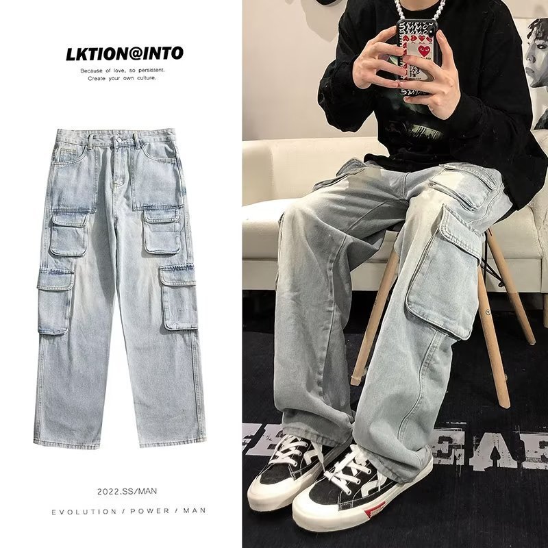Men's Multi-Pocket Cargo Jeans, Spring & Fall Style, Straight-Leg Loose Fit, Trendy Design Wide-Leg Streetwear Casual Pants
