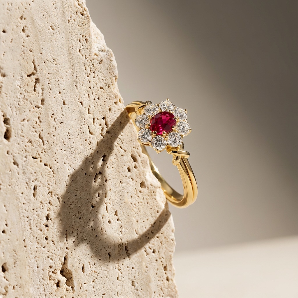 Choucong 14K Gold Fill Ruby Open Ring Vintage Floral Halo Oval Red Gemstone Ring with CZ Wedding Promise Jewelry for Women Daily Wear Adjustable Size