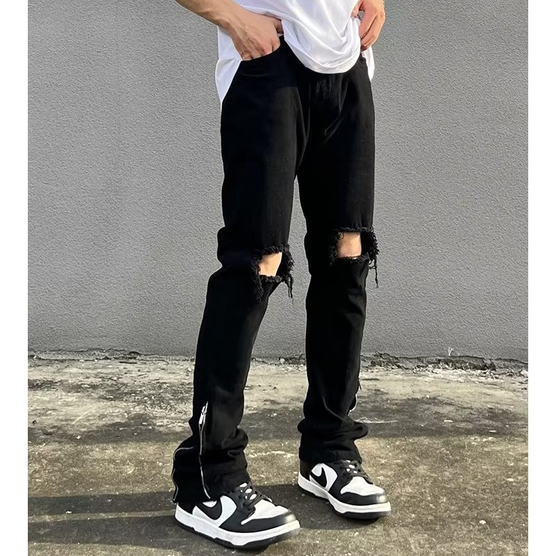 Men's American Streetwear Vibe Black Jeans, Zipper Split & Distressed Design, Ins Trendy Brand Straight-Leg Slightly Flared Pants