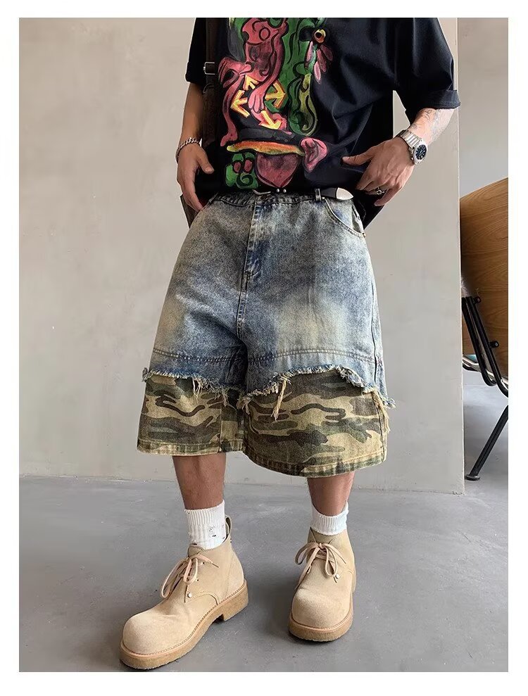 2026 New Men's Trendy Brand Slim Fit Camo Denim Shorts, Summer Casual Knee-Length 5-Inch Shorts