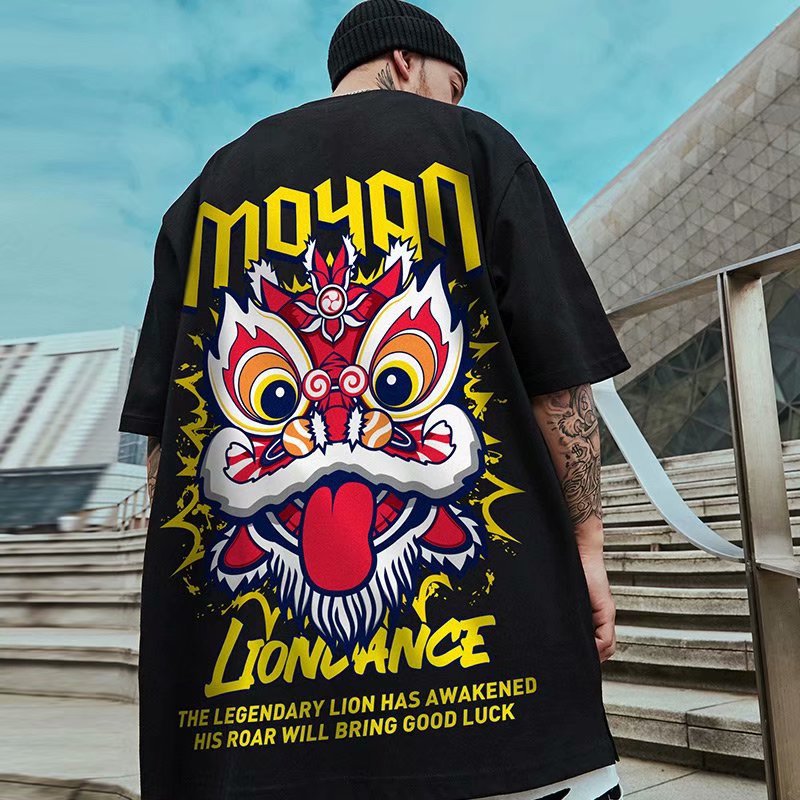 2026 New Men's Red Streetwear T-Shirt, Chinese Style Lion Print, Loose Casual Plus Size Short Sleeve Tee for Big Guys