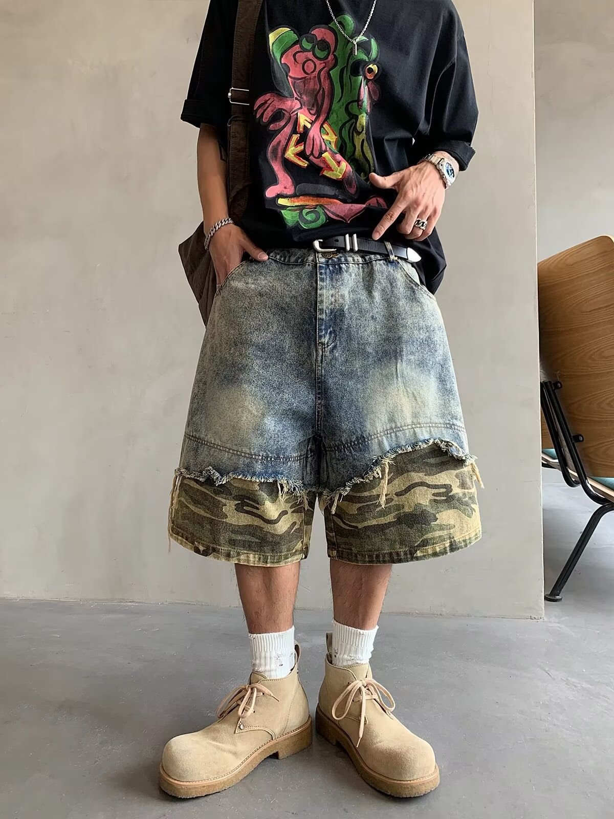2026 New Men's Trendy Brand Slim Fit Camo Denim Shorts, Summer Casual Knee-Length 5-Inch Shorts