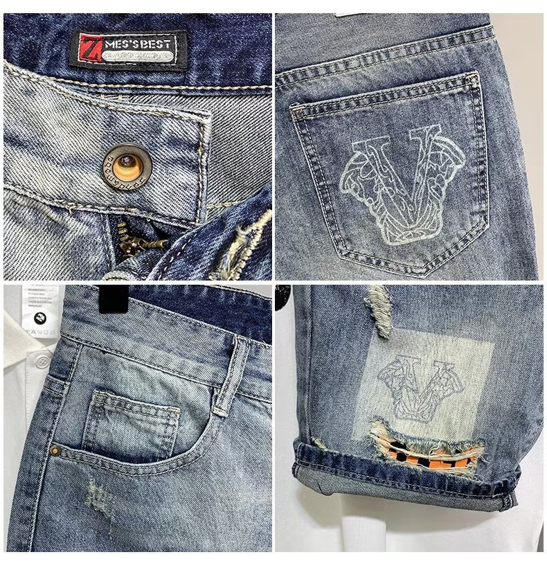 Men's Trendy Brand Distressed Denim Shorts, Splatter Graffiti Print, Slim Straight-Leg Korean Style, Heavyweight Washed Knee-Length Shorts