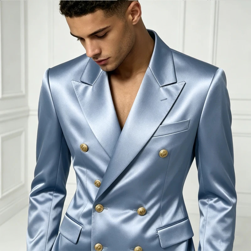 Mens Satin Suit Set 2 Piece Notch Lapel Double Breasted Gold Button Blazer Flare Pants Formal Wedding Prom Party Groom Outfit 260424 - view 6