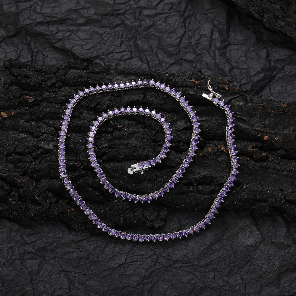 3mm three-prong purple tennis chain womens personalized necklace ins hip-hop silver purple zirconia choker jewelry